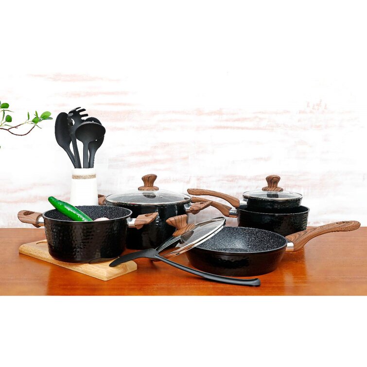 Kitchen Academy Induction Cookware Sets - 15 Pcs Black Hammered Cooking Pans  Set