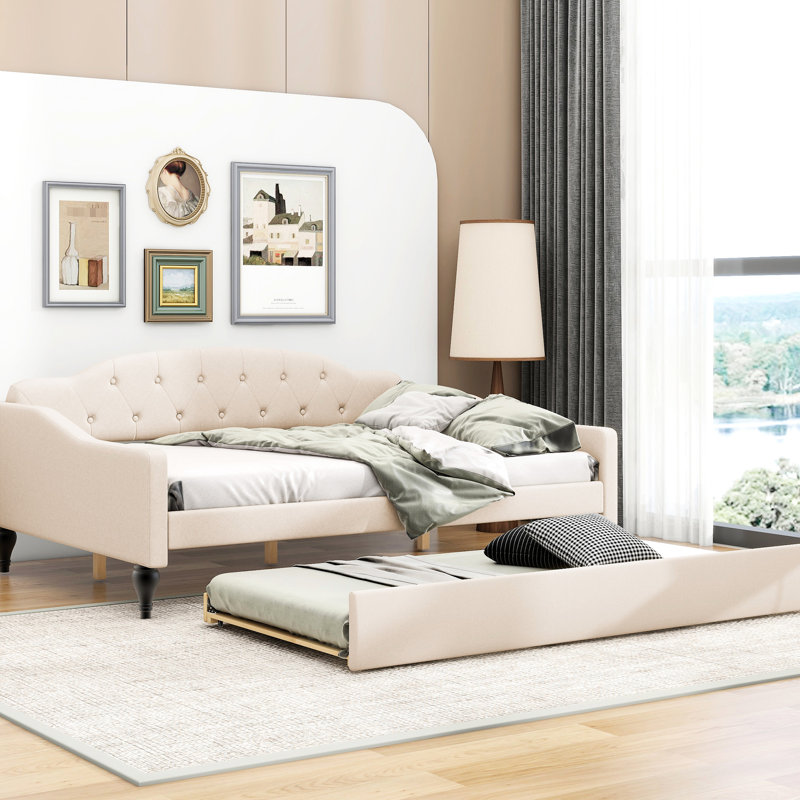 Lit de jour double avec lit gigogne simple, beige