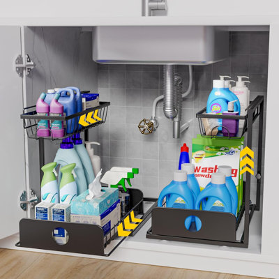 2 Pack Under Sink Organizers, Adjustable Height 2-Tier Pull Out Drawer, Sturdy Metal Cabinet Storage For Kitchen Bathroom Pantry