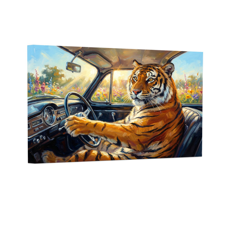 Animaux, tigre au volant d'une voiture classique dans un champ, H 12 po x l 18 po