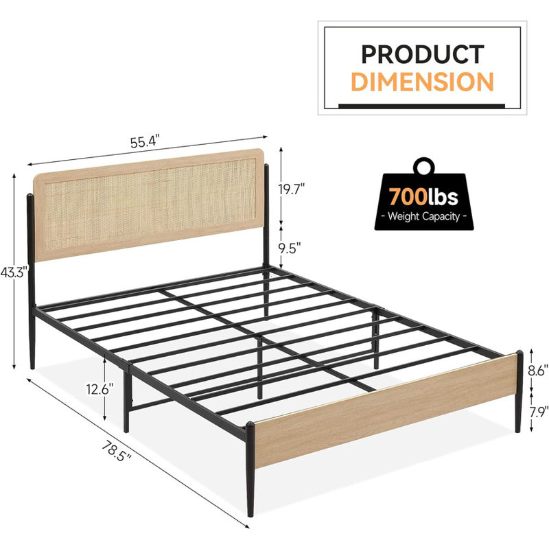 Bed Frame Full Size, Modern Platform Bed Frame With Rattan Headboard Metal Slat Support Bed Frame With Storage-Oak Full