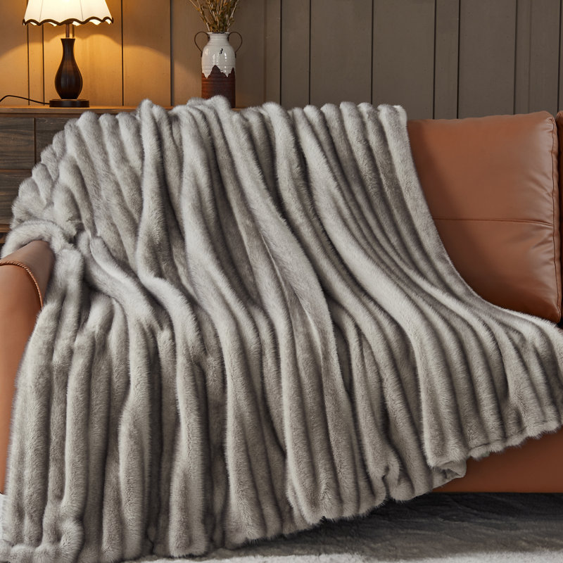 Couverture en fausse fourrure grise et luxueuse pour canapé-lit 1000GSM (gris rayé, simple (60 po x 80 po)), Lit simple, Gris
