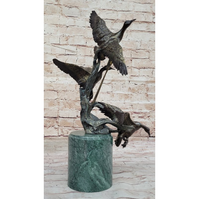 Tenaja Three Ducks Geese Water Birds in Flight Among the Reeds Bronze Sculpture on Marble Base