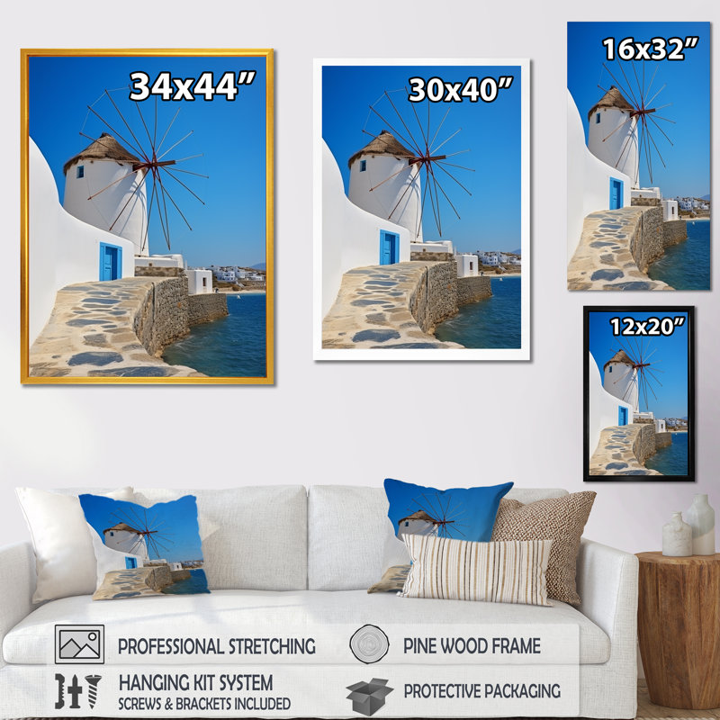 «Grèce Santorini Windmill Photo 4», H 32 po x l 16 po x P 1 po, Cadre flottant brun