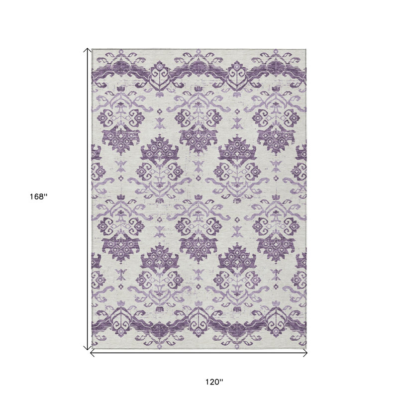 Tapis d'intérieur lavable 10 pi x 14 pi mauve à motif oriental argent et lilas
