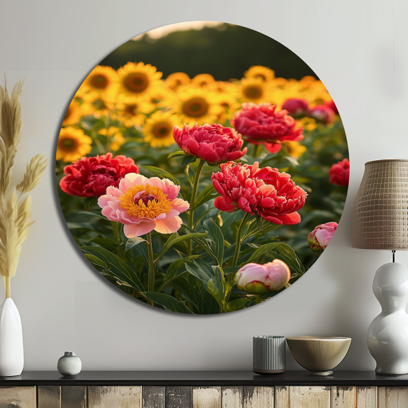 Pressley - pivoines rondes, impression sur métal rouge traditionnel, H 16 po x l 16 po
