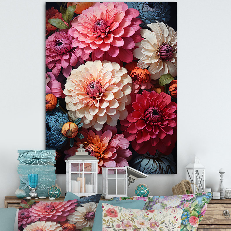 Décoration murale Zinnias rouge beige - Zinnias, Cadre photo noir, H 32 po x l 16 po
