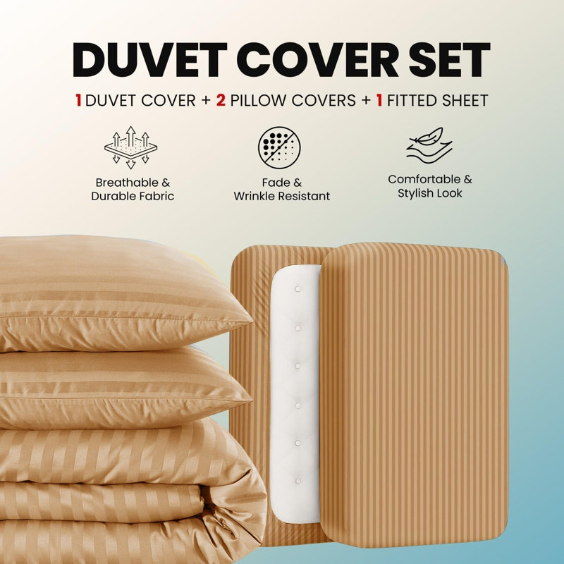 Striped Duvet Cover Set, Double Duvet Cover + 3 Additional Pieces, Ochre