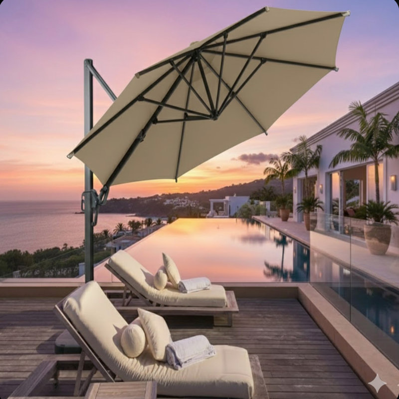 Parasol de patio en porte-à-faux 10 pi avec rotation à 360 ° et réglage de l'inclinaison, parasol carré extérieur décalé avec mât en aluminium sans base