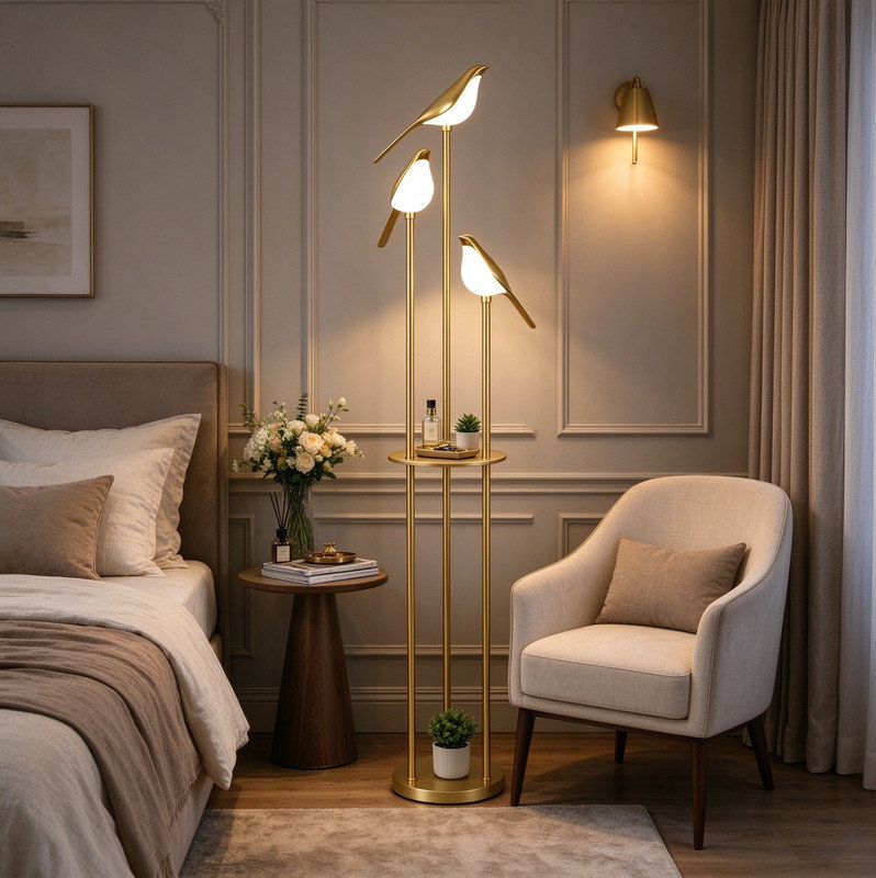 Lampe sur pied ferme en métal doré avec tablette pour salon et bureau Farmhouse