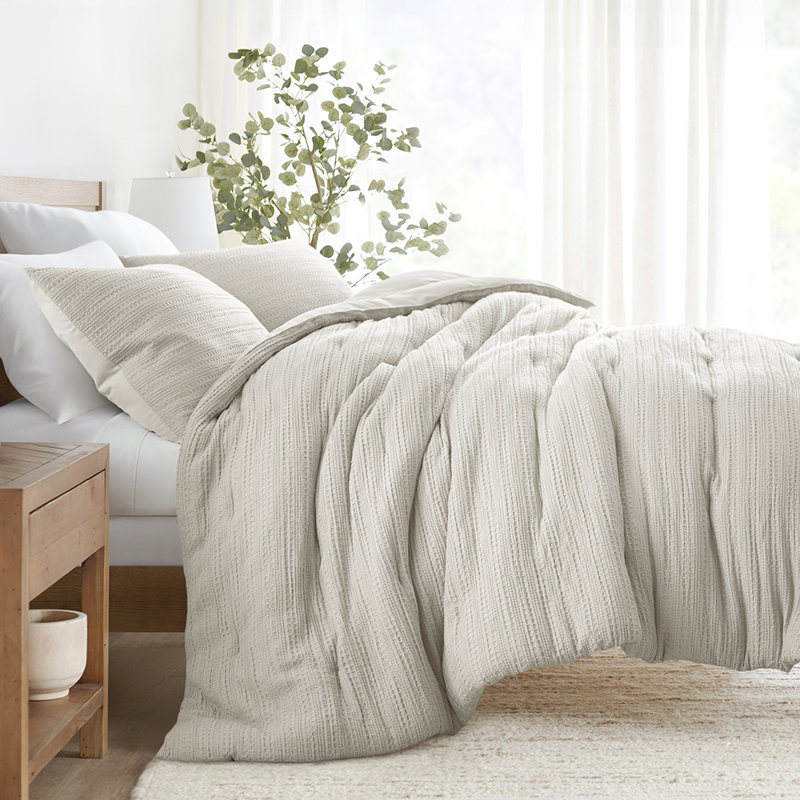 Ensemble d'édredon texturé 3 pièces Waffle, Beige, Édredon pour lit simple + 1 taie décorative stan