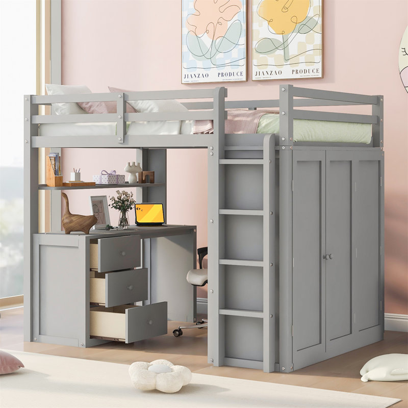 Loft Bed with Desk & Wardrobe – Twin Size Space-Saving Loft Bed Frame with 3 Storage Drawers, Built-in Workstation & Closet, Solid Pine Wood Construction