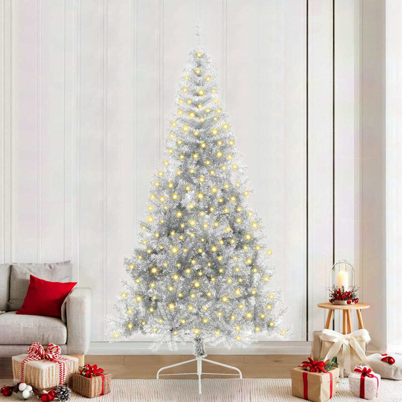 7.87' H Lighted Artificial Christmas Tree, Silver, 240 cm, without Baubles