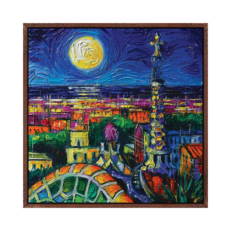 Barcelona Full Moon 1 Piece Painting on Canvas, 66.04cm H x 66.04cm W x 3.81cm D, Classic Brown Wood Framed