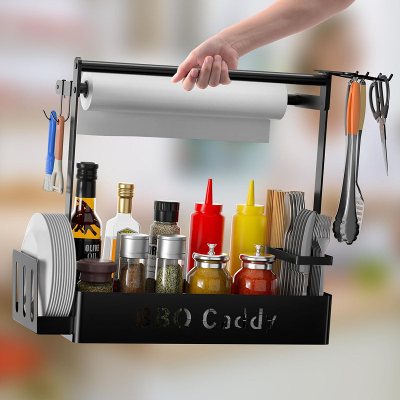 Black Metal BBQ Caddy with Paper Towel Holder and Hooks