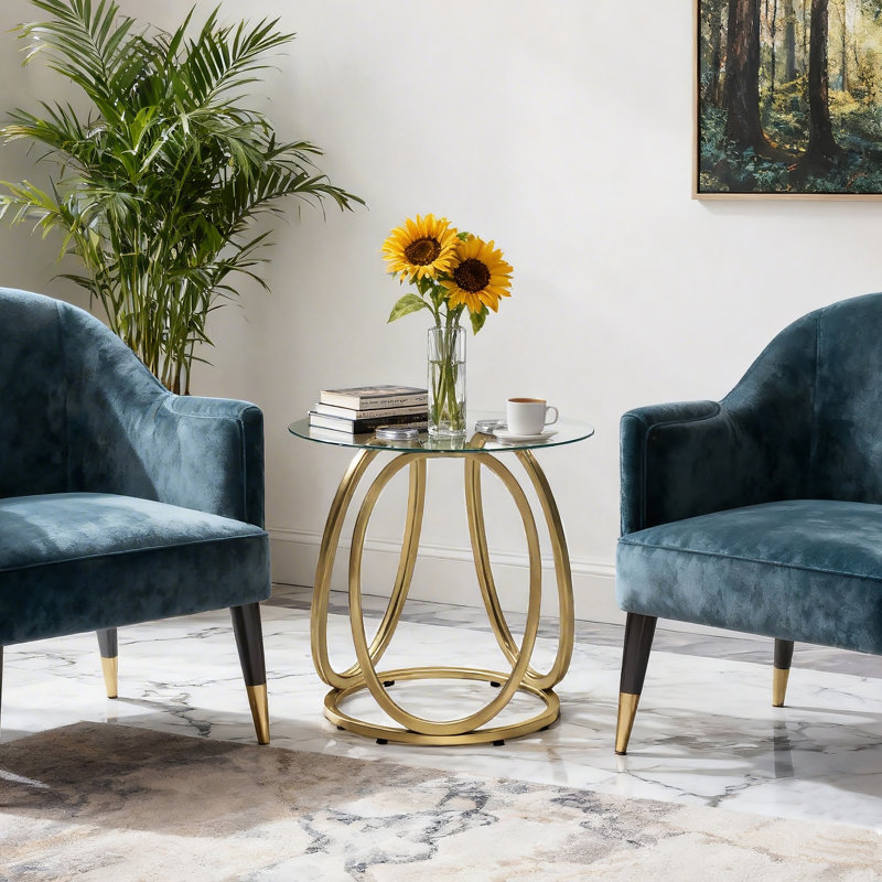 23.6" Round Glass End Table, Modern Style Tall Side Table for for Living Room, Balcony, Bedroom, Matte Gold
