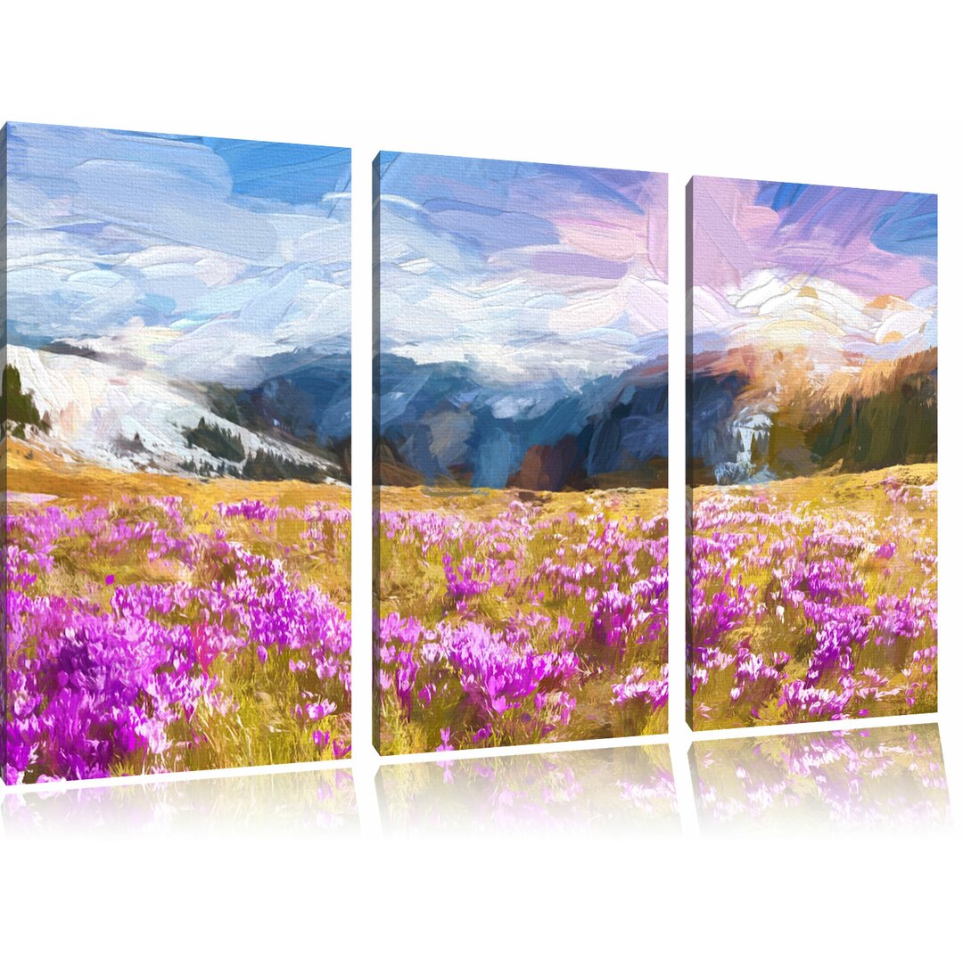 3-tlg. Leinwandbilder-Set „Schneebedeckte Berglandschaft mit Regenbogen und blühenden Krokussen“, Grafikdruck