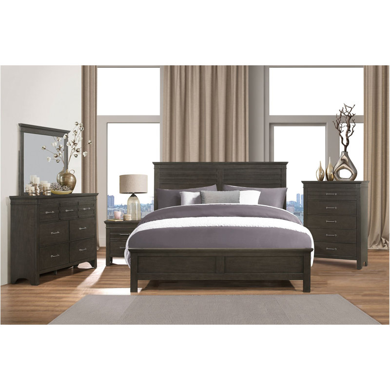 Ensemble de chambre à coucher 5 et 2 panneaux de placage gris anthracite Guston Enrika, Double