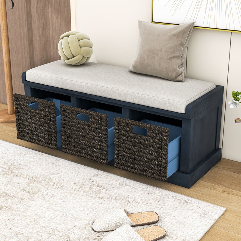 Rustic Storage Bench with 3 Rattan Baskets and Removable Cushion, Antique Navy