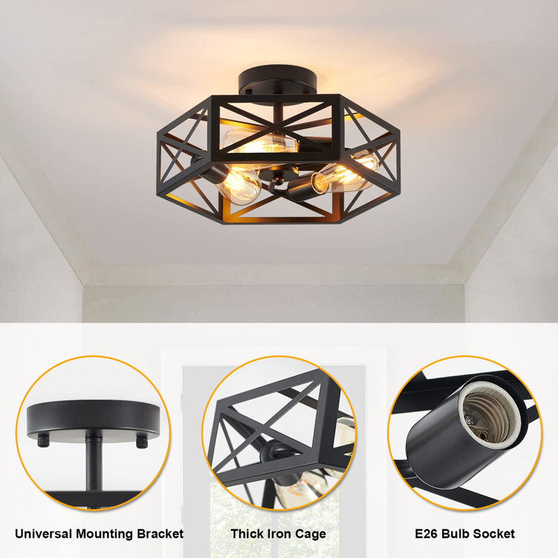 3 Light Hexagon Cage Flush Mount Ceiling Light Fixture, Black