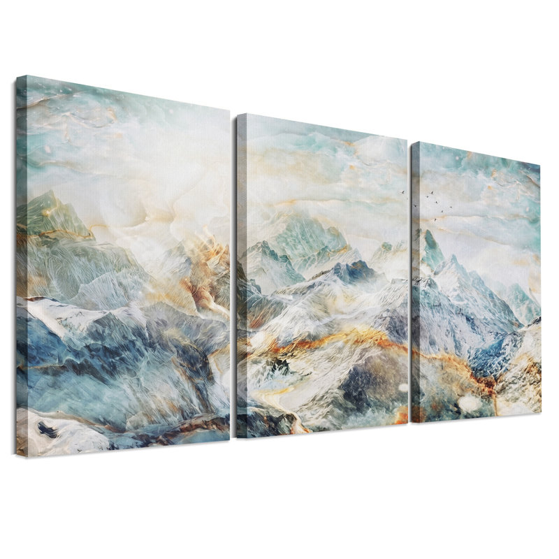 Ensemble de 3 toiles murales représentant des oiseaux survolant des montagnes de marbre turquoise et or, 30"H x 20"W x 3pcs