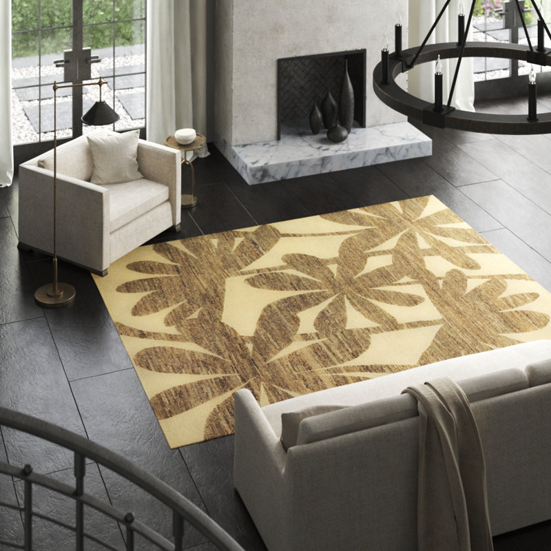 Paradise Hand Knotted Floral Area Rug in Beige/Taupe, Rectangle 6' x 9'