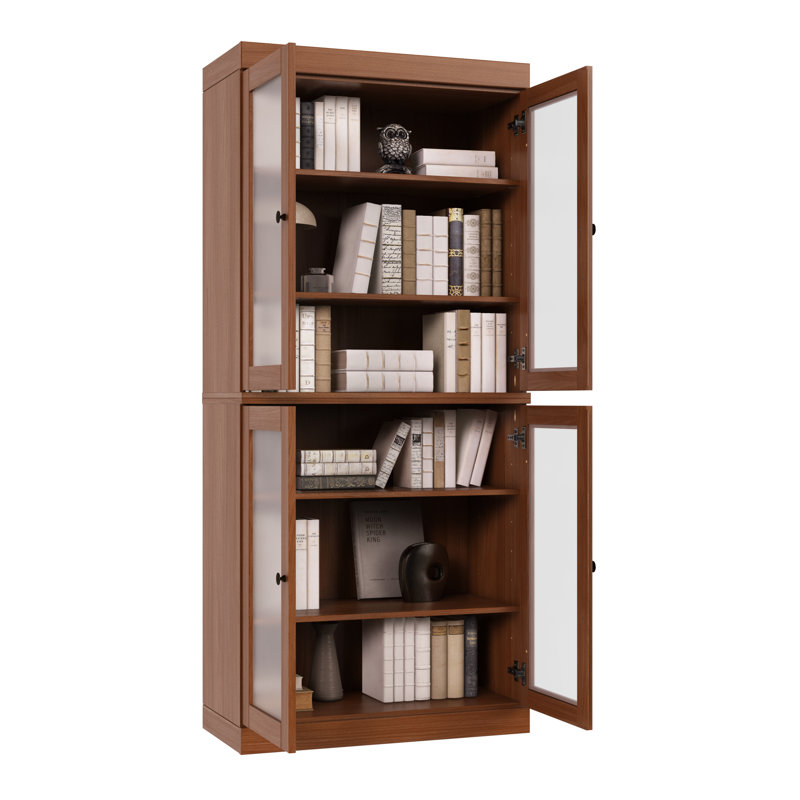 Uriyah 100% Solid Wood 6-Shelf Bookcase with Frosted Glass Doors and Adjustable Shelves, Mocha