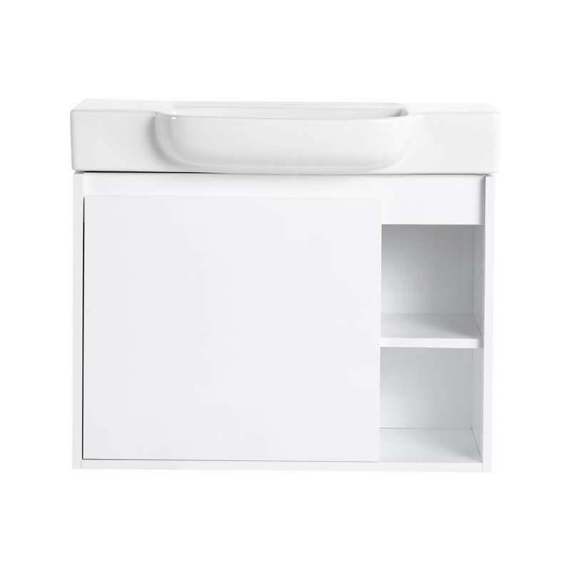 Meuble-lavabo mural avec lavabo en céramique et tablettes ouvertes, Glossy White, 27.2