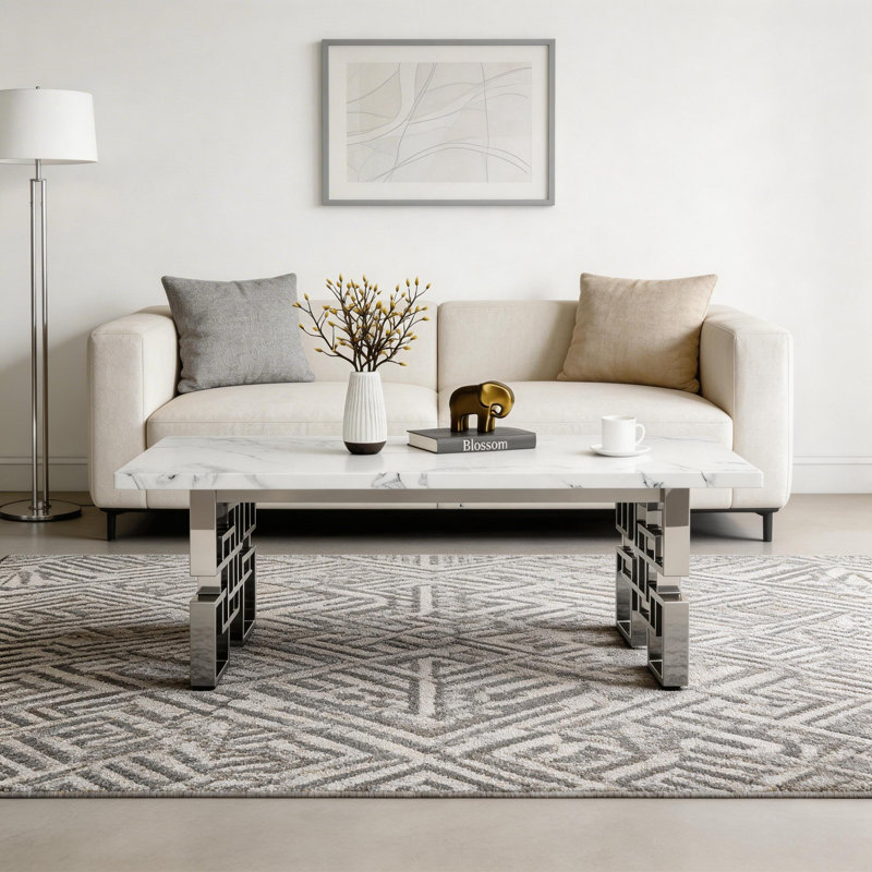 Table basse blanche de 50 pouces, faux marbre rectangulaire moderne avec base chromée creuse pour le bureau du salon