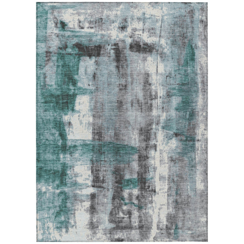 Tapis d'extérieur lavable abstrait bleu sarcelle et ivoire 10 pi x 14 pi