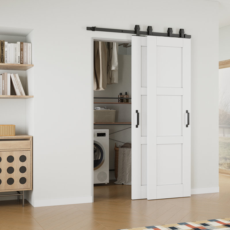 Portes doubles de grange coulissantes 28 po x 80 po à 3 panneaux blancs avec ensemble de quincaillerie, 28 po x 80 po