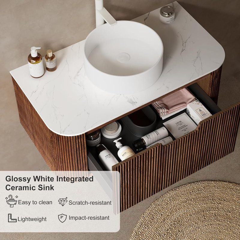 Floating Bathroom Vanity with Sink, Ceramic Basin and Marble Top, Large Drawer, Pre-Assembled, 30