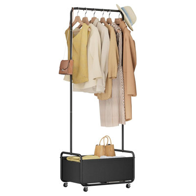 Petit support à vêtements, petit support à vêtements robuste, support à vêtements en métal 2 en 1 avec panier, noir