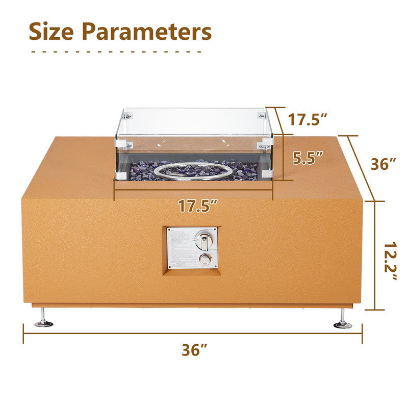 Table de foyer d'extérieur au propane 36 po - Chauffe-terrasse carré 50 000 BTU avec pare-vent, perles de verre et couvercle amovible