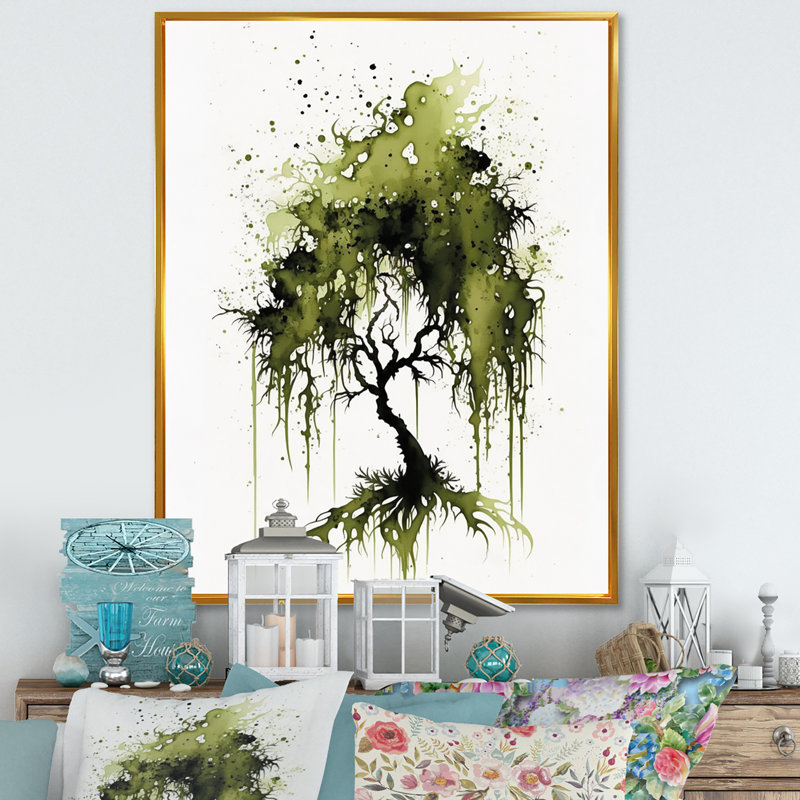 Arbre vert mousse espagnol, reproduction sur toile, H 32 po x l 24 po x P 1 po, Toile à cadre flottant doré