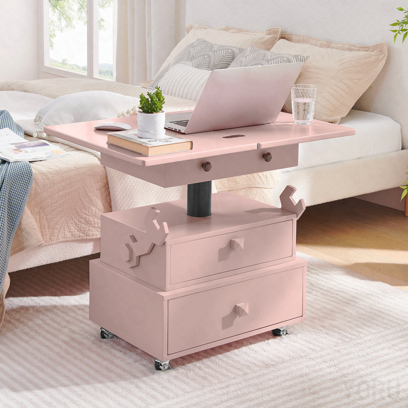 Table de bout roulante à hauteur réglable laquée ultrabrillante avec station de charge et roues universelles avec freins, table à plateau relevable multifonctionnelle avec tiroirs de rangement pour le salon, la chambre à coucher