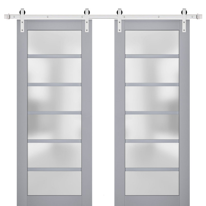 Porte de grange double robuste avec verre dépoli Veregio 7602 Gris mat, supports de rail de 4 m (13 pi), portes intérieures à panneaux pleins et lourds - 183 cm x 244 cm (72 po x 96 po) (2 x 91 cm x 244 cm) - Rail argenté