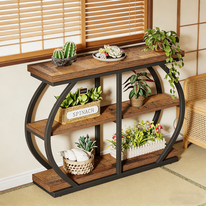 Industrial 3-Tier Console Table, 41.3" Entryway Table, Mix Brown