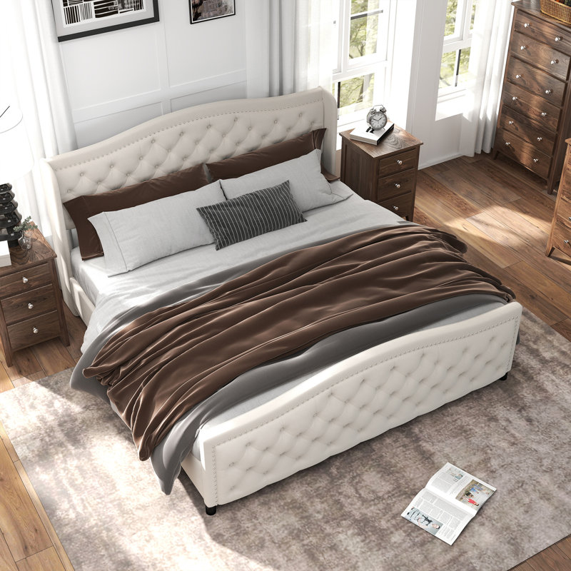 Lit de rangement capitonné avec tiroirs Kassaia , Très grand, Beige