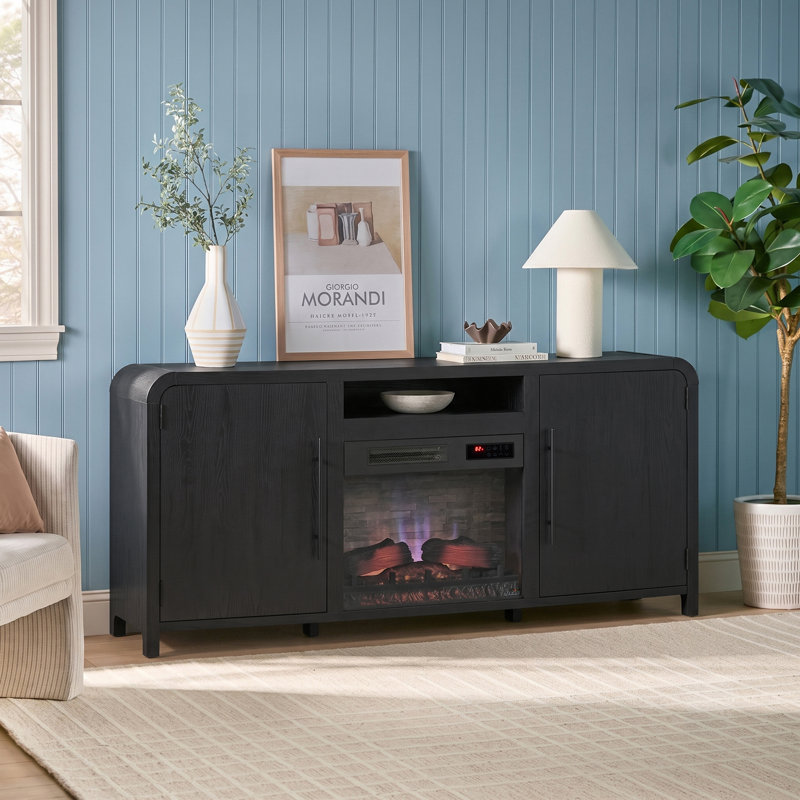 Meuble télé moderne incurvé Chantelle de 70 po avec foyer électrique intelligent Duraflame®, commande vocale et application Alexa, noir