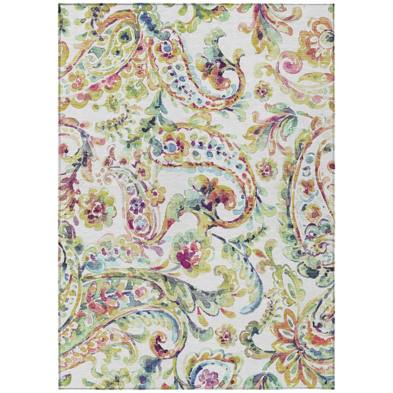 HomeRoots 3' X 5' Ivory Fern Green And Artichoke Green Paisley Washable Indoor Outdoor Area Rug