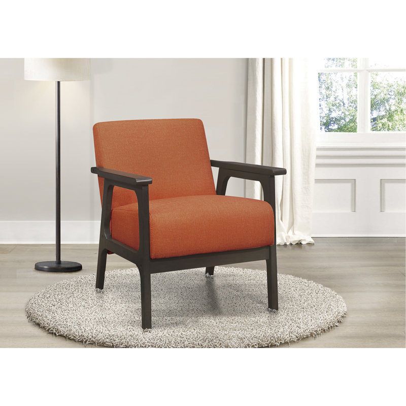 Chaise de salon en tissu texturé orange, bois massif, détail en bois d'hévéa gris antique