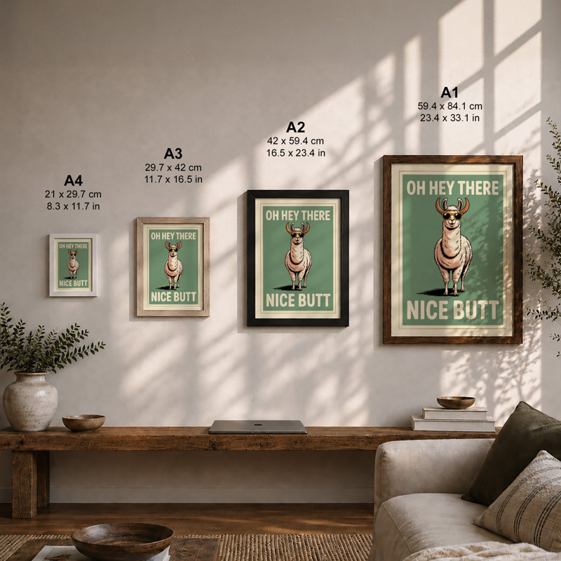 Nice Butt, Deer Retro - Framed Print, A2 - 59.4 x 42.0 cm, Oak