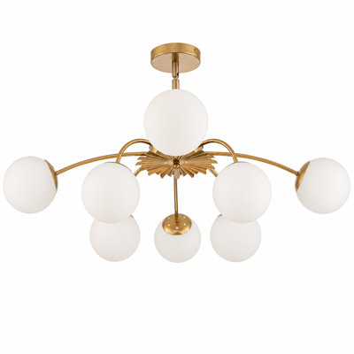 32.9" 8-Light Gold Frosted Glass Globe Sputnik Semi Flush Mount Light