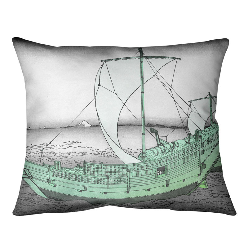 Katsushika Hokusai Reversible Throw Pillow, 20" x 14", Green Ship, Down Alternative