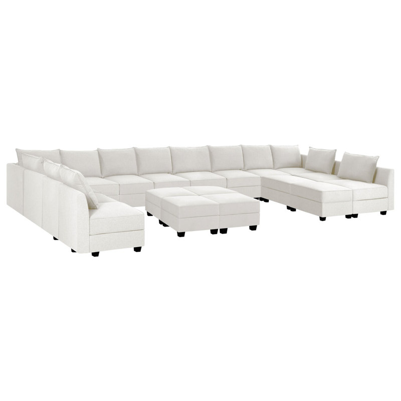 Zijun Convertible 13 Seater U-Shaped Modular Linen Sofa Sectional with 6 Ottoman for Living Room, White Down 100% Linen