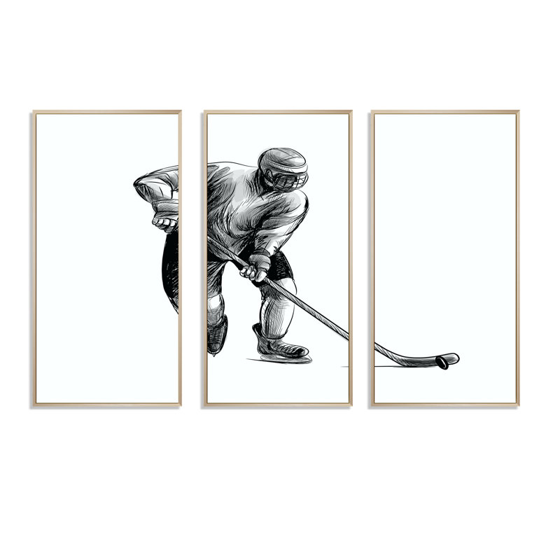Esquisse d'un joueur de hockey dans un sport d'hiver - reproduction de cadre flottant 3 pièces sur toile, Cadre naturel