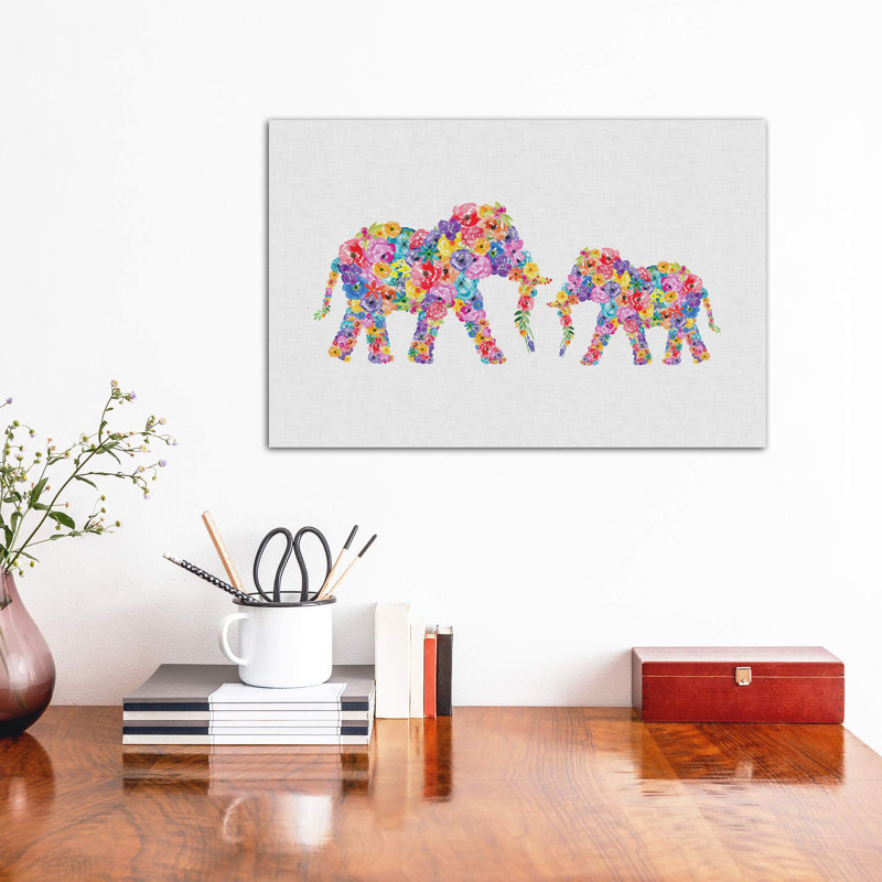 Floral Elephants - impression d'art graphique, Toile tendue, H 40 po x l 60 po x 1,5 po