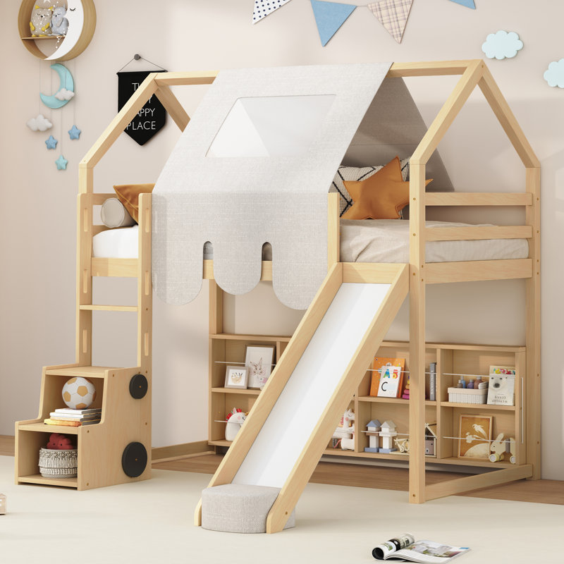 Loft Bed With Slide, Storage Bookcase and Stairs, Natural, Twin