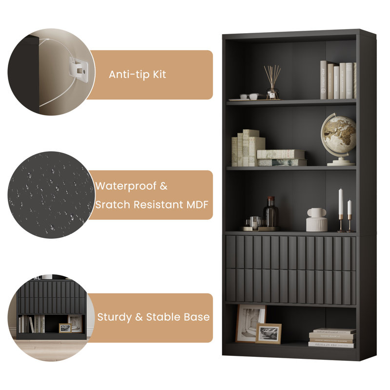 71” H Tall Bookcase with 2 Drawers, Bookshelf with 4-Tier Display Open Shelves, Black